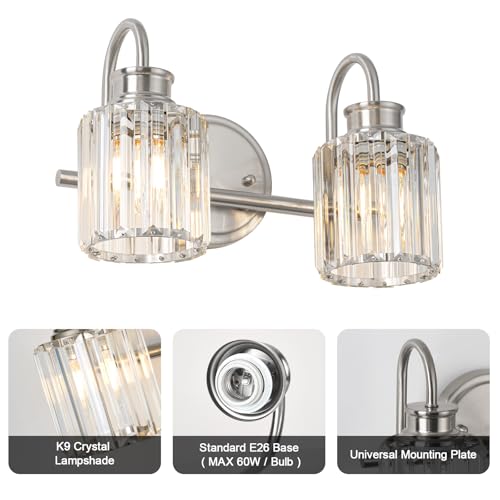 Image of Brushed Nickel Bathroom Light Fixtures with K9 Crystal Lampshade Bathroom Lighting Over Mirror Vanity Lights for Living Room,Bedroom,Restroom,Hallway 2 Lights