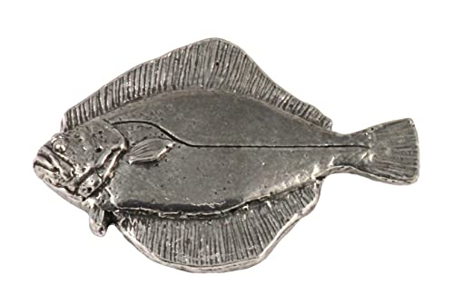 Flounder Fish Pin, Pewter, S063, 1 1/4”, Flatfish species. Demersal fish, Lapel, Hat, Pins, Brooch, Jewelry, Gift, 100% Handmade in the USA, Over 200 Fish Designs Available. - Main Image