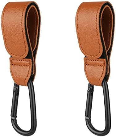 LICQIC 2Pcs Brown Leather Style Buggy Clips, Baby Pushchair Hooks, Pram Clips for Shopping Bags, Stroller Hook for Mommy Diaper Bag, Shopping Grocery, Backpack