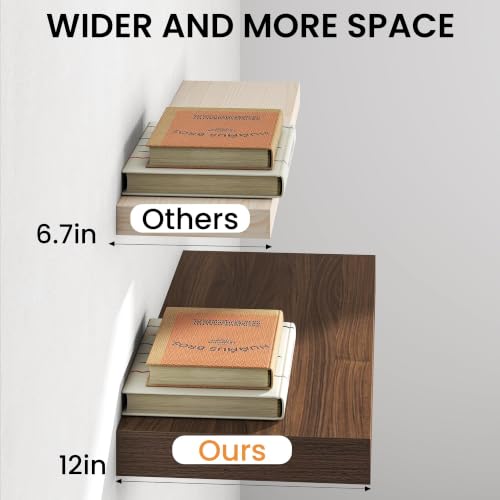 Image of 36Inch Walnut Floating Shelves for Wall, 12 Inch Deep Shelves for Bedroom, Kitchen, Bathroom Wall Mounted, Rustic Wood Floating Shelf with Invisible Brackets for Books, Storage, Decor, 2 Packs