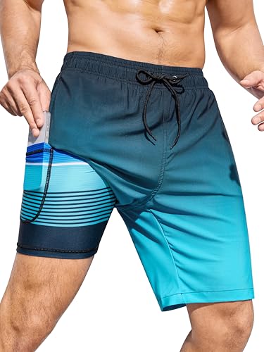 SILKWORLD Mens Swimming Trunks with Compression Liner 2 in 1 Quick-Dry Swim Shorts with Zipper Pockets, Gradient-Grey Blue, XX-Large