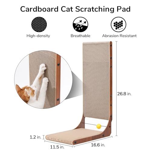 Image of FUKUMARU Cat Scratcher, 26.8 Inch L Shape Cat Scratch Pad Wall Mounted, Cat Scratching Cardboard with Ball Toy for Indoor Cats, Large Size (1 Pack 26.8 inch Walnut Color)