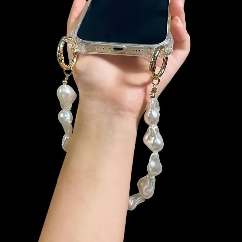 Image of Pearl Phone Charm Chain for Mobile, Cute Beaded Phone Lanyard Strap with Hanging Loop, Aesthetic Korean Style Mobile Accessory for Girls & Women Compatible with Android Phone & Smartphone