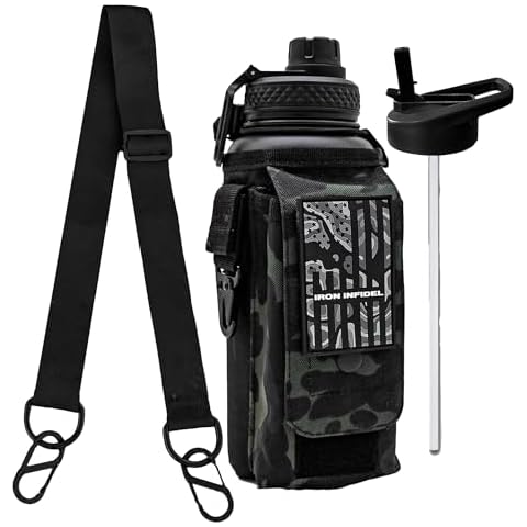 Iron Infidel Battle Bottle - Half Gallon Insulated Water Bottle + Iron Infidel Shoulder Strap for 64oz & 32oz Battle Bottle Black Camo 32 oz Bundle Cover