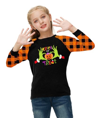 Image of Remimi Girls Thanksgiving Shirts Buffalo Plaid Raglan Tee Cute Turkey Holiday Party Long Sleeve Tshirt 5-14 Years