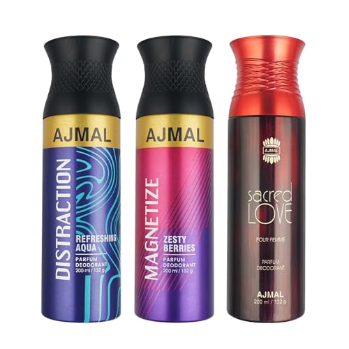 Image of Ajmal Distraction and Magnetize for Men & Women and Sacred Love for Women Deodorants each 200ML Combo pack of 3 (Total 600ML)
