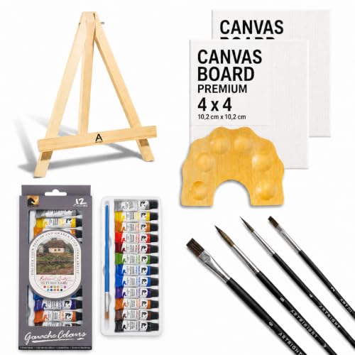 Image of Professional Painting Kit 20pcs, Paintbrush 4, Colours 12, Mini Palette 1, Canvas Board 2, Pine Wooden Mini Easel 1, Canvas Board 4x4 inch, Ideal for Begginners, Kids & Adults