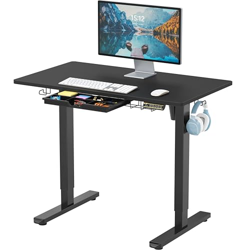 SHW 40-Inch Electric Height Adjustable Standing Desk with Drawer, Memory Preset and Cable Management Tray, Black