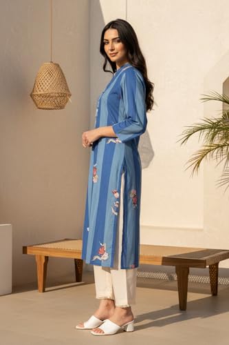 Image of W for Woman Colour Block Floral Printed Pure Cotton Straight Kurta