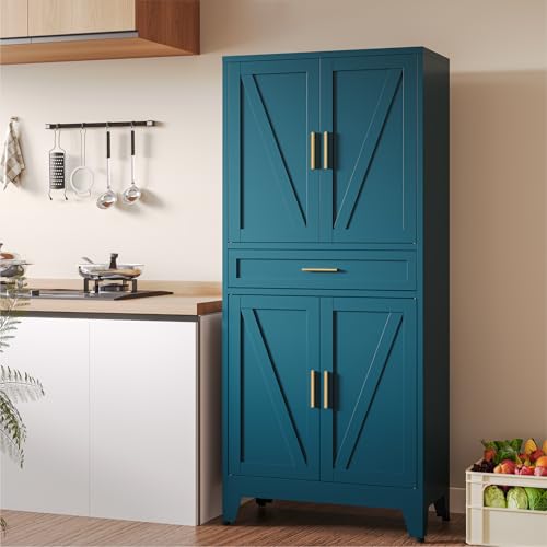 Image of COFaR 71 inch Pantry Cabinet with Drawer, Peacock Blue Storage Cabinet with Adjustable Shelves, 3-Section Modern Statement Cupboard for Kitchen & Bathroom