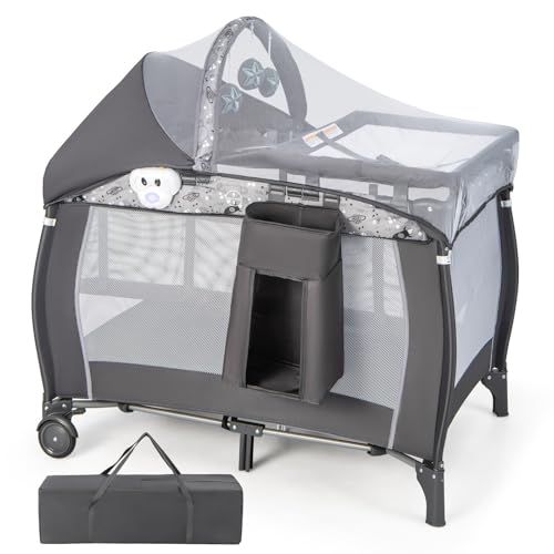 COSTWAY 4 in 1 Beistellbett, tragbares Reisebett mit faltbaren Matratze, Babybett mit Wickeltisch, Baldachin, Spielbogen & Spieluhr, Stubenwagen mit Rollen, Tragetasche für Baby bis 36 Monaten (Grau)