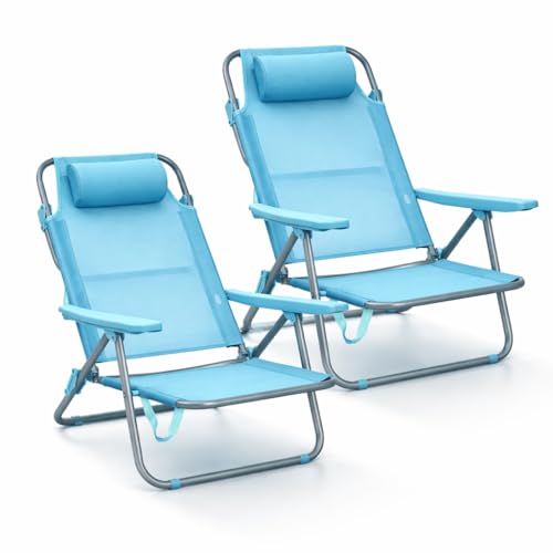 RR Pack de 2 Sillas de Playa Reclinables Plegables con Reposacabezas | Sillas Portátiles para Jardín, Camping, Piscina, Terraza | Estructura de Aluminio Ligera y Tela Transpirable Resistente