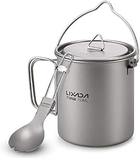 Lixada Lekki tytanowy pojemnik 750/900/1100 ml ze składaną łyżką, na biwak na świeżym powietrzu, piesze wycieczki i pikniki (750 ml)