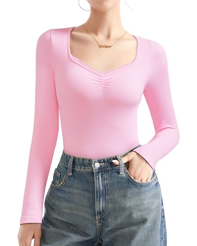 Image of SUUKSESS Women Sweetheart V Neck Long Sleeve Tops Lace Trim Ribbed Modal Fall Going Out Shirts