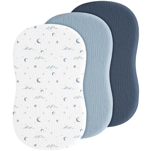 Image of Coreeky Baby Muslin Bassinet Sheets 3 Pack for Boys & Girls, Soft Breathable Cotton Bassinet Mattress Cover, Universal Fit for Hourglass, Oval, and Rectangle Mattress (Nightfall Blue)