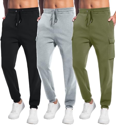 Men's 3 Pack Fleece Cargo Sweatpants Workout Joggers Casual Hiking Athletic Pants with Pockets and Drawstring S-3XL