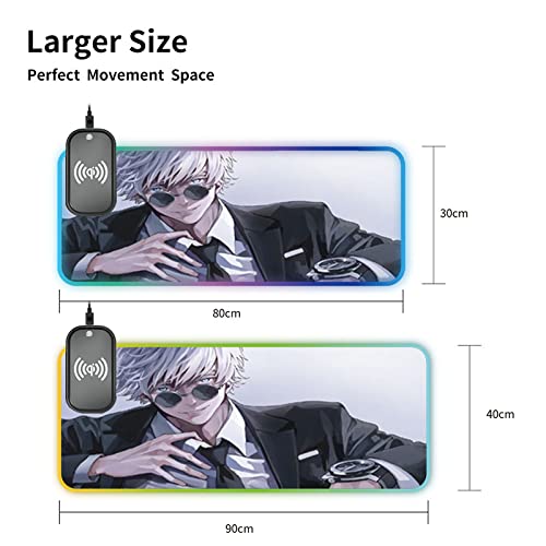 Mouse Pads Anime Cool Boys Uniforms Rgb Mouse Mat Anime Satoru Gojo Large Led Gaming Illumination Mouse Pad Usb Mousepad Gamer Computer Keyboard Pad Mat,Wireless Charging,15.7X35.4Inches #TOP4