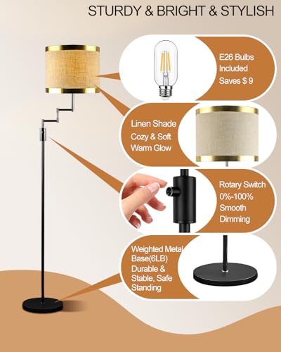 Image of Lightdot 70IN Black Floor Lamp Dimmable Linen Shade LED Floor Lamps with 3000K for Wedding /Party,350 Degree Swing Arms, Modern Tall Lamp for for Reading, Sewing, and Craft (Bulbs Included)