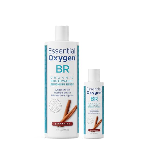 Essential Oxygen BR Certified Organic Brushing Rinse All Natural Mouthwash for Whiter Teeth Fresher Breath and Happier Gums Alcohol-Free Oral Care Cinnamint 2 Piece Set 16 Oz