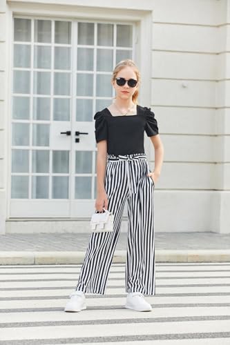 Arshiner Mädchen Tshirt mit Hose Set Kinder Mode Baumwolle Bekleidungssets Blasenärmeliges Oberteil mit Bedruckter Freizeithose Zweiteilig Outfits für Mädchen 11-12 Jahre 150