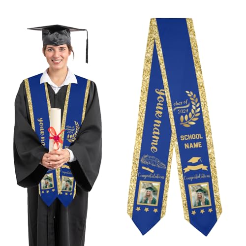 XOZOTY Customize Gold Blue Graduation Stole Sash Personalized Class of 2024 Graduates Scarf Sash with chool Name Text Photo Gifts 71.6 Inch