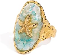 OIDIMS Starfish Ring for Women: 18K Gold Plated Adjustable Stainless Steel Boho Ocean Statement Ring