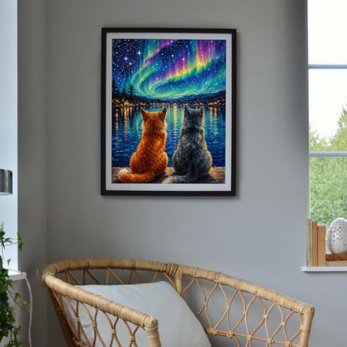 Image of MBNTJHT Cat Diamond Painting Kits for Adult Beginners,Aurora Scenery Diamond Art Kits for Adults,DIY 5D Full Drill Starry Night Gem Art and Crafts for Home Decor Gifts 12X16 Inch.