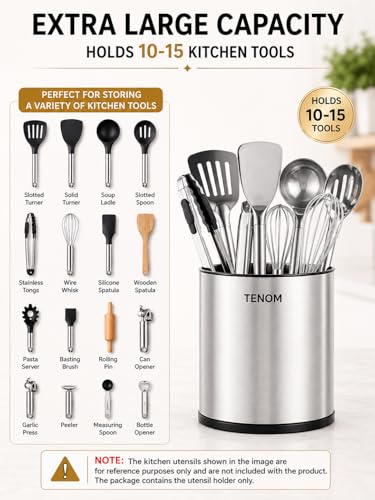 Image of TENOM Stainless Steel Spoon Holder Stand for Kitchen, Cutlery & Utensil Organizer with Drainage, Spoon, Ladle & Spatula Holder