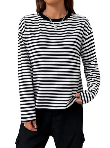 LilyCoco Womens Long Sleeve Striped Shirts Casual Color Block Crew Neck T Shirts3