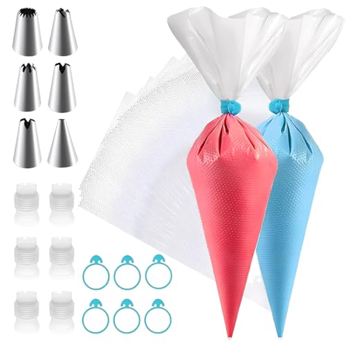 YUVKIN 100 Sacchetti da Pasticceria Usa e Getta con 6 Beccucci, 6 Ugelli per Torte e 6 Elastici per Decorare Torte e Biscotti (20 x 30 cm)