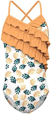 Idgreatim Little Girls Ruffle One Piece Swimsuit Tropical Pineapple Print Bathing Suit Summer Sling Backless Swimwear Size 6-7T