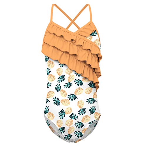 Idgreatim Youth Girls One Piece Swimsuit Pineapple Bathing Suit Ruffle Hawaii Style Swimwear Beachwear For Vacation Water Park Size 9-10T #TOP29