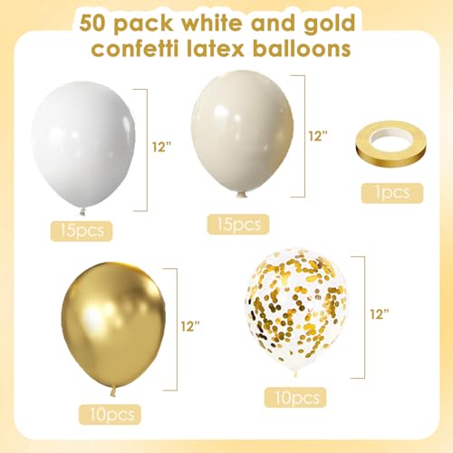 Image of White and Gold Confetti Balloons - 50pcs 12 Inch Metallic Champagne Gold Matte Sand Beige White Latex Balloons for Birthday Graduation Wedding Gender Reveal Party Decorations
