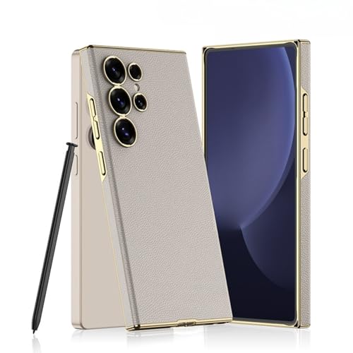 Coque Samsung S26 Ultra en cuir PU gris et élégant cadre doré