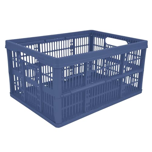 Image of simpa 32L 32 Litre Blue Plastic Folding Storage Container Basket Crate Box Stackable Portable Folds Flat - Set of 2