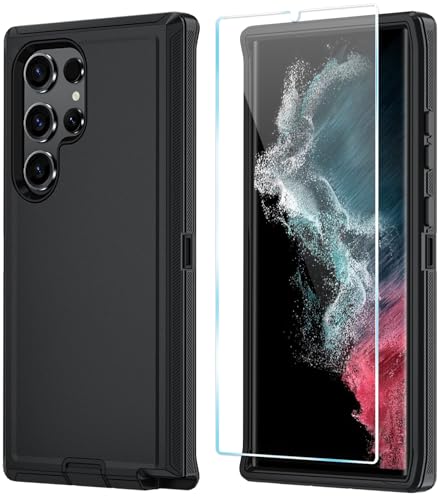 ONOLA Phone Case for Samsung Galaxy S22 Ultra Case with HD Screen Protector, Heavy Duty Shockproof & Dropproof 3-Layer Cover Phone Case for Galaxy S22 Ultra 6.8'',Black