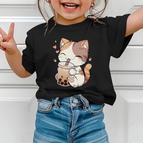 Image of KEEVICI Cute Cat Shirts for Girls Graphic Tees Bubble Tea Tshirt Kids Kawaii Cartoon Animal Print T Shirt Summer Cotton Tops