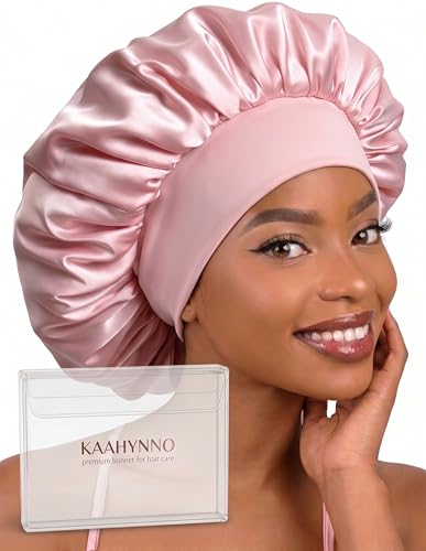 KAAHYNNO Silk Satin Bonnet Hair Wrap Sleeping Women Cap Cover Elastic Stretch Adjustable Double Layer Sleep Night for Curly Braid Straight Thick Head - Pink