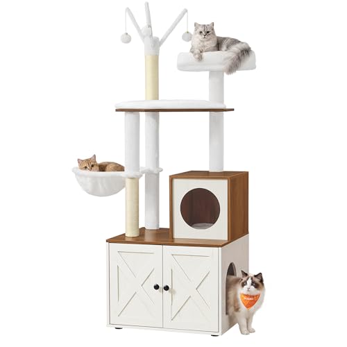 Image of Feandrea Cat Tree with Litter Box Enclosure, 59-Inch Modern Cat Tower | 2-In-1 Condo with Scratching Posts, Washable Removable Cushion, Rustic White and Honey Brown UPCT113W201