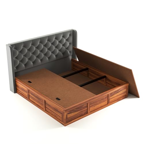 Image of Solid Sheesham Wood King Size Bed with Storage | Wooden Double Bed Cot Bed with Box Storage & Velvet Upholstered Cushioned Headboard for Bedroom (Honey C, King)