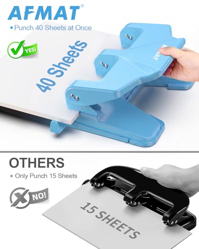 Image of AFMAT 3 Hole Punch Heavy Duty, 40-Sheet Three Hole Punch, 50% Reduced Effort, 3 Hole Puncher for Binder w /Large Chip Tray, 9 /32 inch Holes Diameter, Metal Paper Puncher for Home /Office /School, HP14(Cyan)