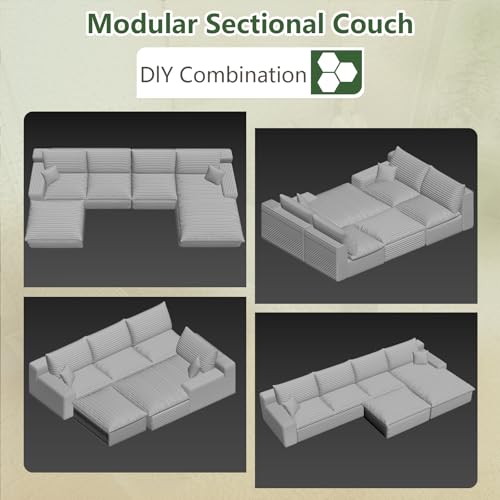 Image of 136 inch W Cloud Couch Modular Sectional Sofa for Living Room, U-Shape Boneless Couch with Deep Seat, Modern Corduroy 4-Seater with Ottoman, No Assembly Required (Camel Brown,Right-Facing Chaise)