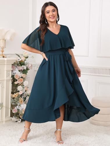 Image of Women Plus Size Long Formal Dress Short Sleeve Chiffon Ruffle V Neck High Low Split Wedding Guest Maxi Dresses