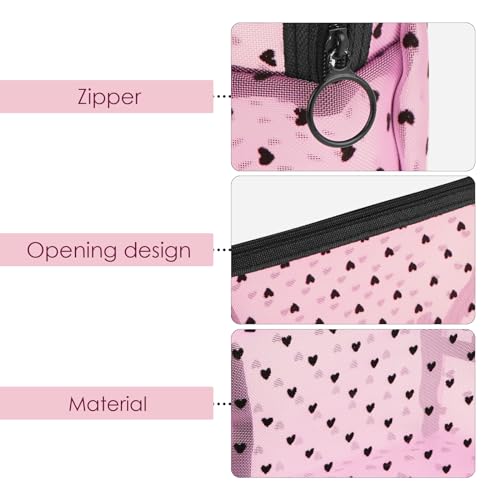 4 Pieces Mesh Cosmetic Bags, Portable Travel Mesh Makeup Bag, Heart Print Zipper Pouch Toiletry Bag for Women Girls (Pink)2