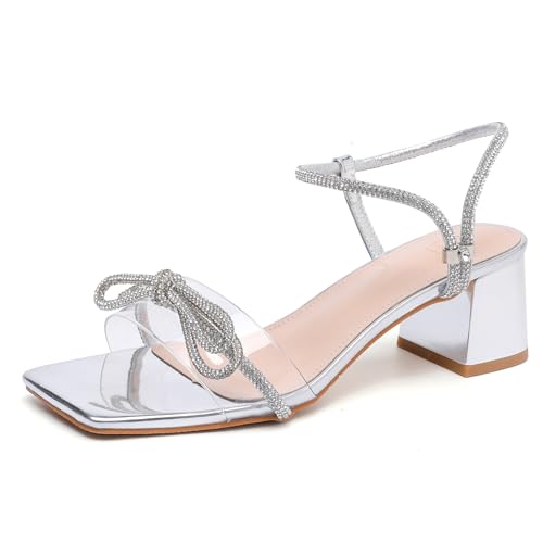 DADAWEN Chaussures de Soirée Femmes Sandales à Talons Blocs Bas Bout Ouvert Sandale Escarpins d'été 7cm Sandales Femme avec Strass Argent 36