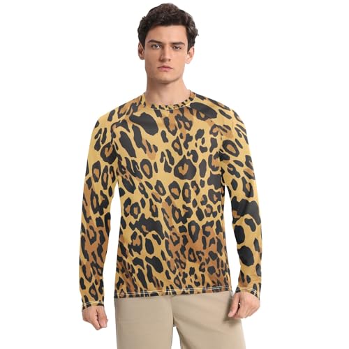 Mens UPF 50+ UV Sun Protection Men's Rash Guard Long Sleeve Mens Rash Guard Quick Dry Swim Shirts, Black and Brown Leopard, Small