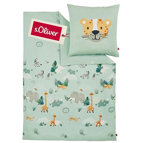 s.Oliver Kinderbettwäsche Tiere 100x135 cm - 100% Baumwolle, praktischer Reißverschluss & maschinenwaschbar, Bettwäsche für Kinder 2tlg. Zootiere hellgrün