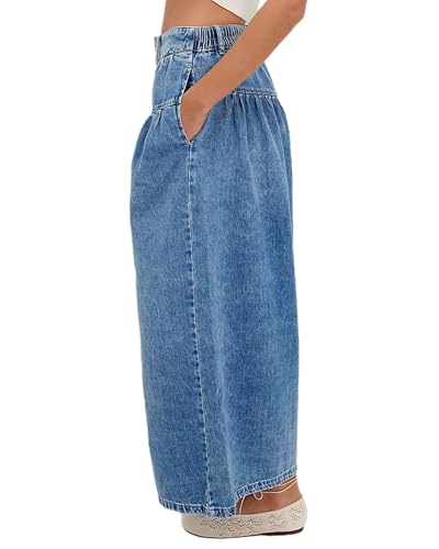 Women's Pleated Baggy Wide Leg Jeans Casual Back Elastic Button-Fly Pleated Denim Pants with Pockets2