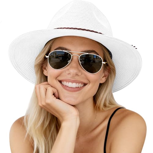 AQOKKA Summer Sun Hats for Women Straw Panama Hat with Wide Brim Roll Up Travel Fedora Beach Hat for Women Men UPF 50+