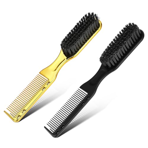 Amaxiu 2Pcs Barber Clipper Cleaning Brush With Barber Combs, Clipper Combs Flat Top Comb Barber Beard Brush Hair Styling Brush Tool Barber Accessories Cleaning Supplies(Gold+Black)